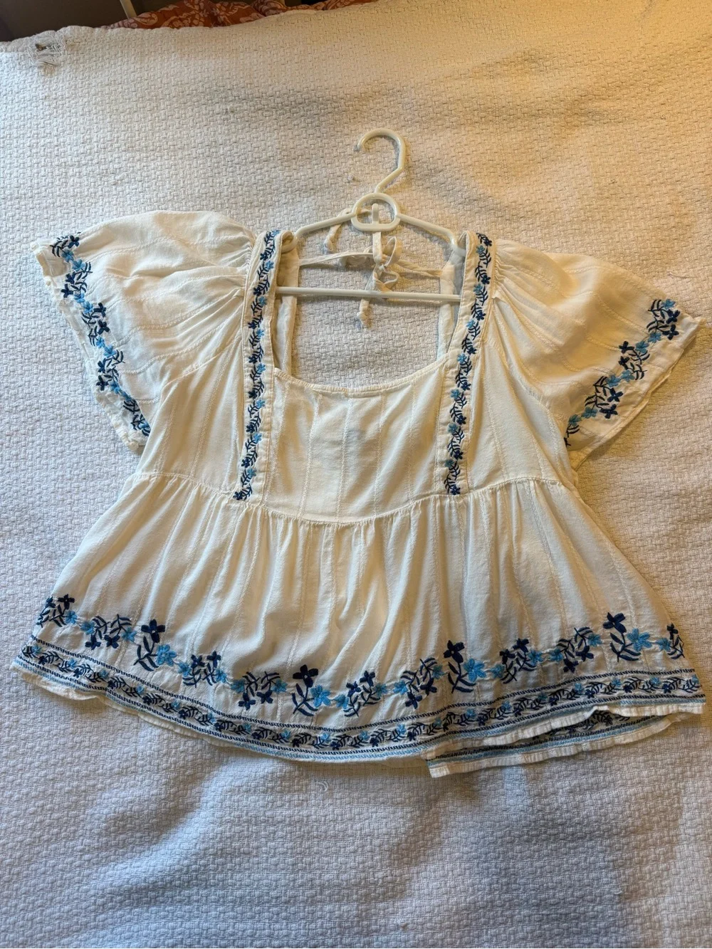 Old Navy Cream Peasant Top with Blue Floral Embroidery